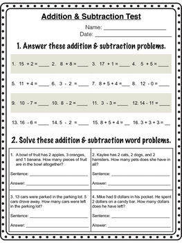 Grade 2 Addition &  Subtraction Test