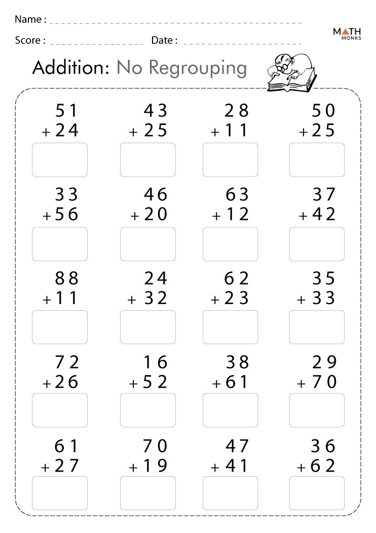 Addition Without Regrouping Worksheets with Answer Key