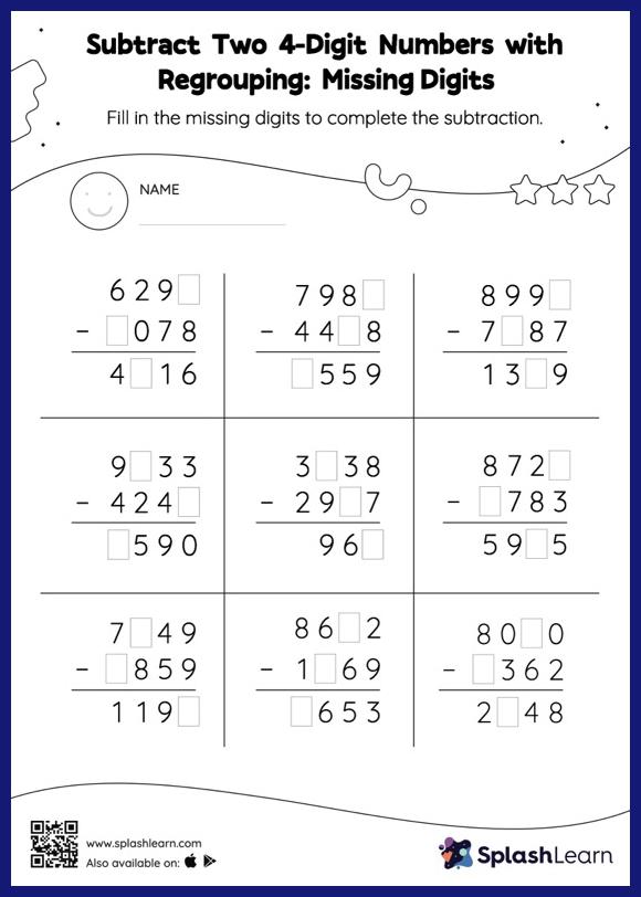 4-digit Subtraction with Regrouping Worksheets for Kids Online