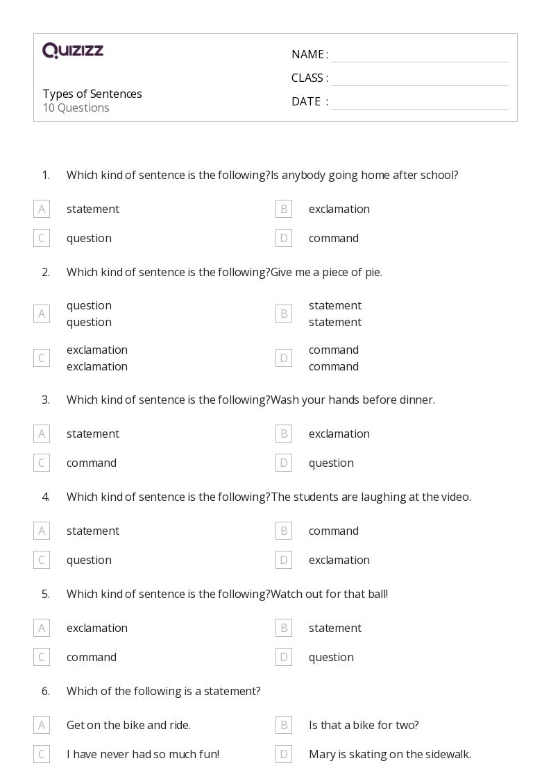 50+ Types of Sentences worksheets for 2nd Class on Quizizz | Free ...