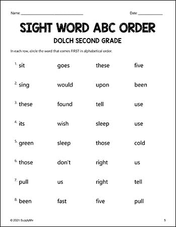 Second Grade Sight Words Worksheets - ABC Order, All 46 Dolch 2nd ...