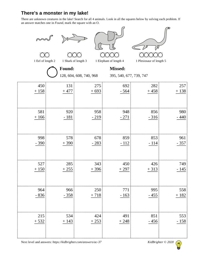 KidBrighter | Mixed Addition And Subtraction Worksheet for Grade 2