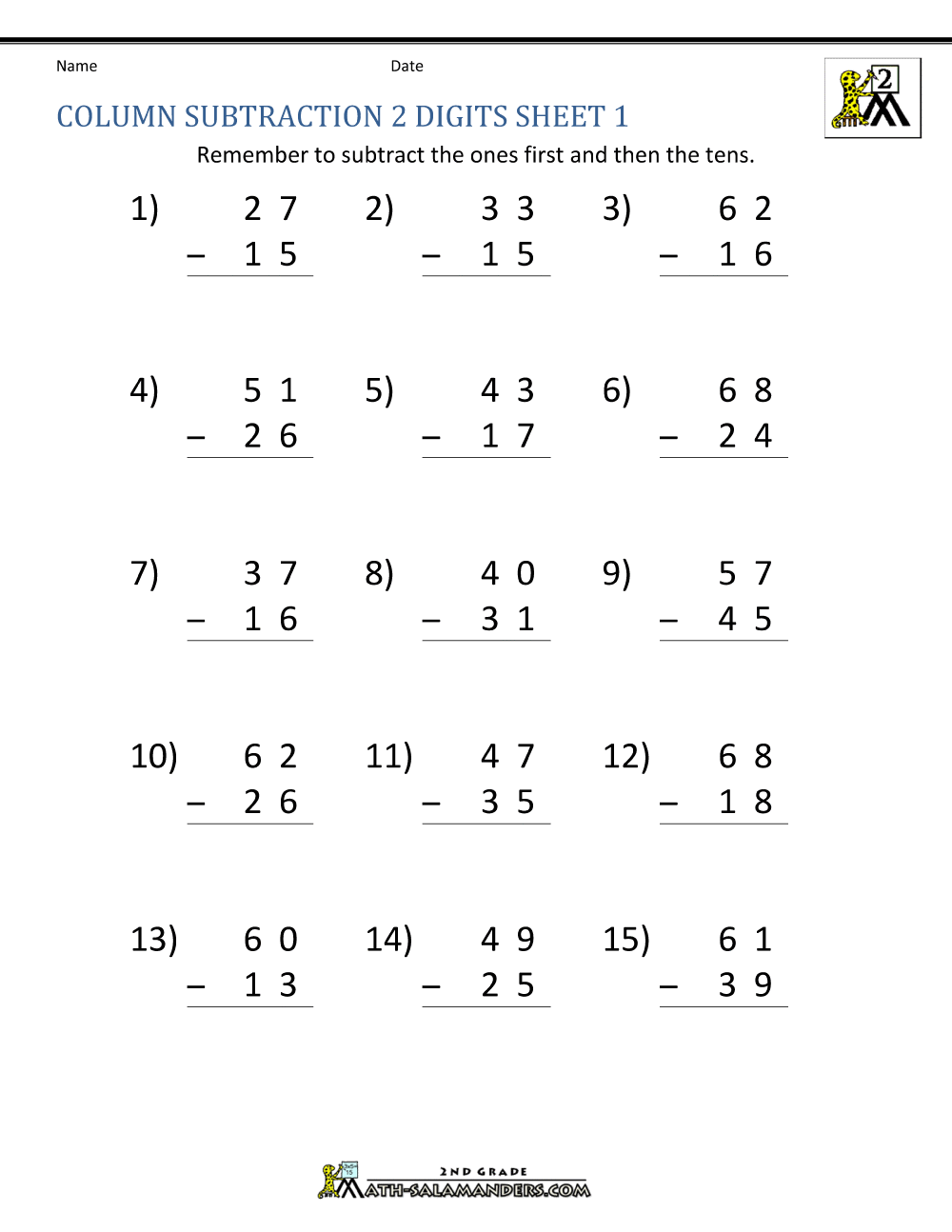 2nd grade level subtraction worksheet