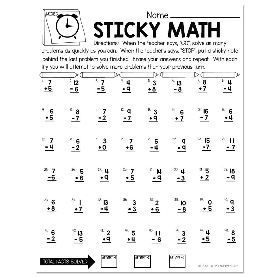 Sticky Math: A New Way to Use Math Facts WorkSheets In 2nd Grade ...