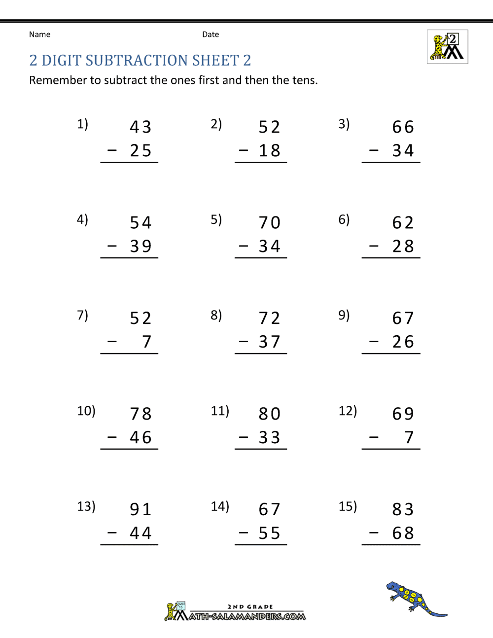 2nd Grade Math Worksheets 2-Digit Subtraction With, 46% OFF