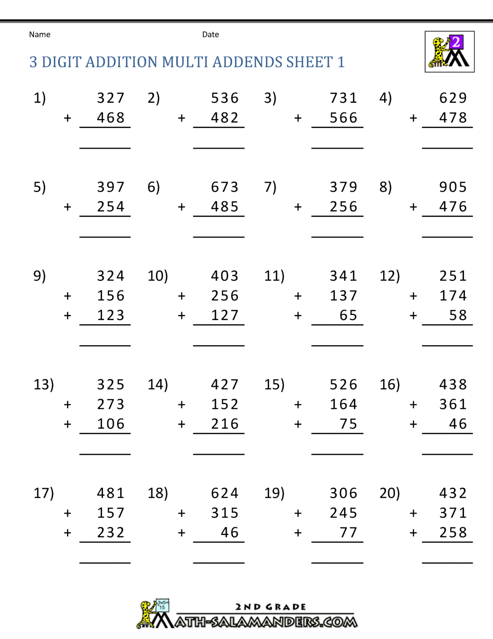 2nd grade math worksheet 3 digit addition