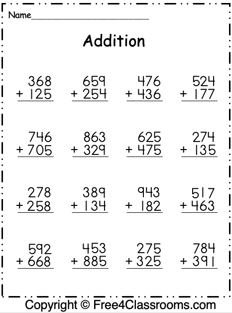 2nd grade math worksheet 3 digit addition
