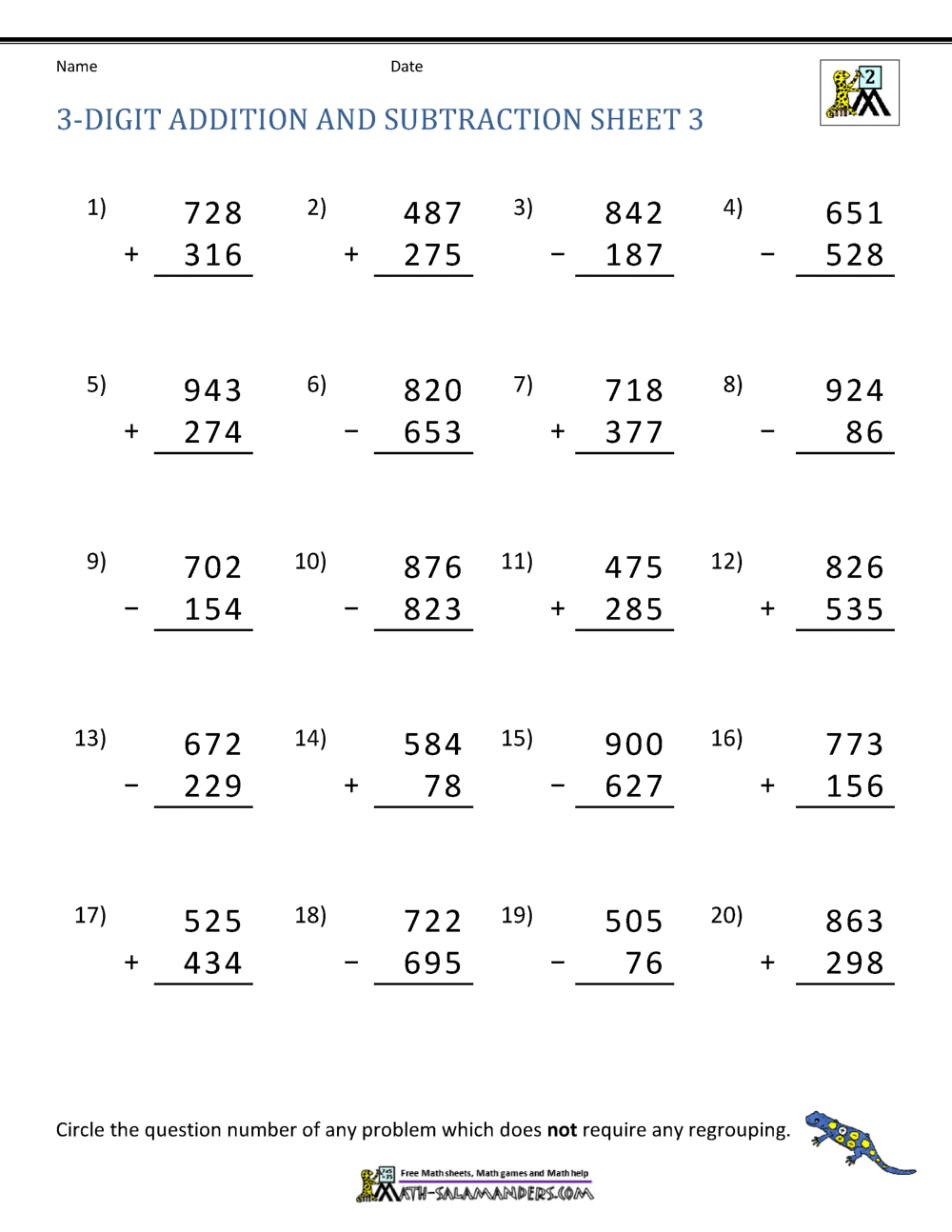 3 Digit Addition and Subtraction Worksheets