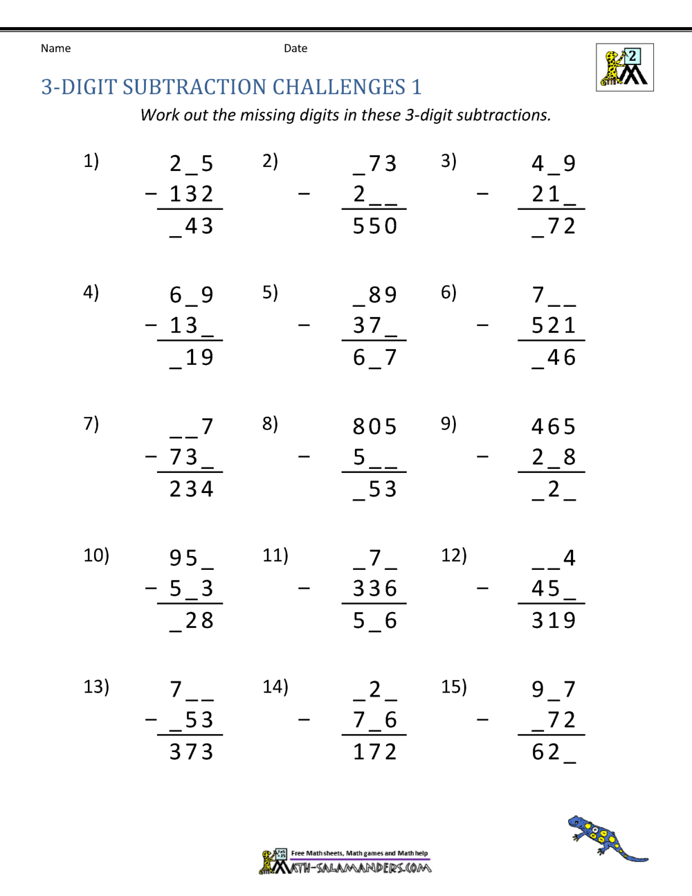 3 Digit Subtraction Worksheets