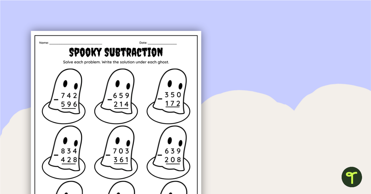 Halloween 3-Digit Subtraction Worksheet | Teach Starter