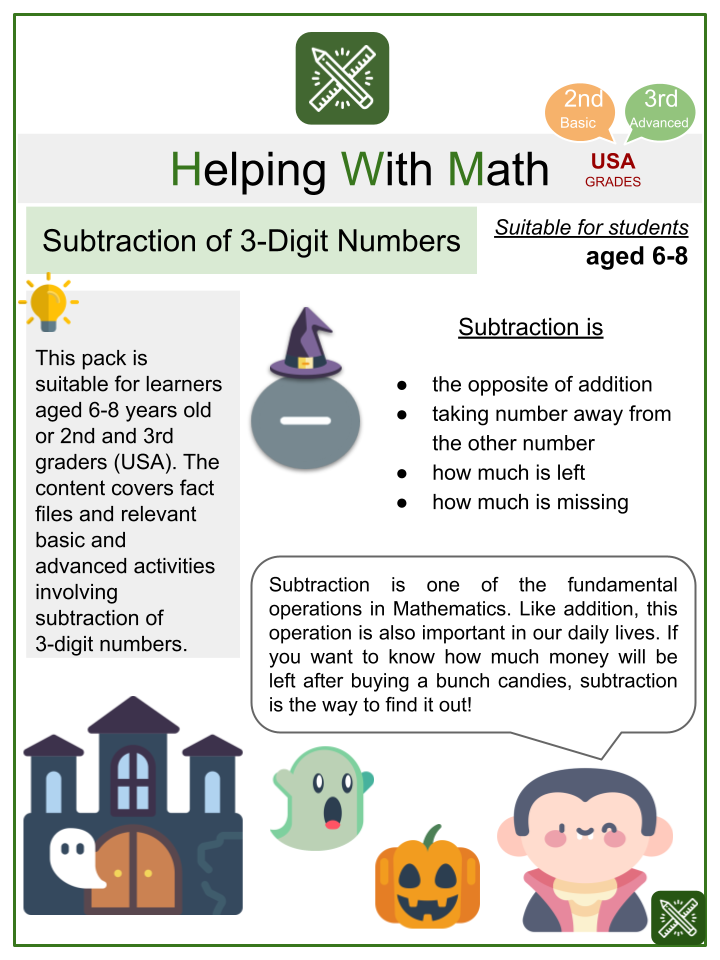 Subtraction of 3-Digit Numbers Themed Worksheets | Aged 6-8