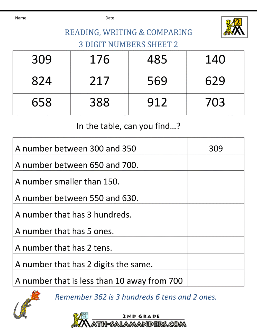 Free Place Value Worksheets - Reading and Writing 3 digit numbers