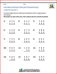 3 Digit Subtraction Worksheets