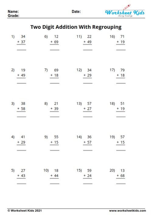 Free 2-Digit Addition With Regrouping Worksheets: Grade 2 &amp; 3