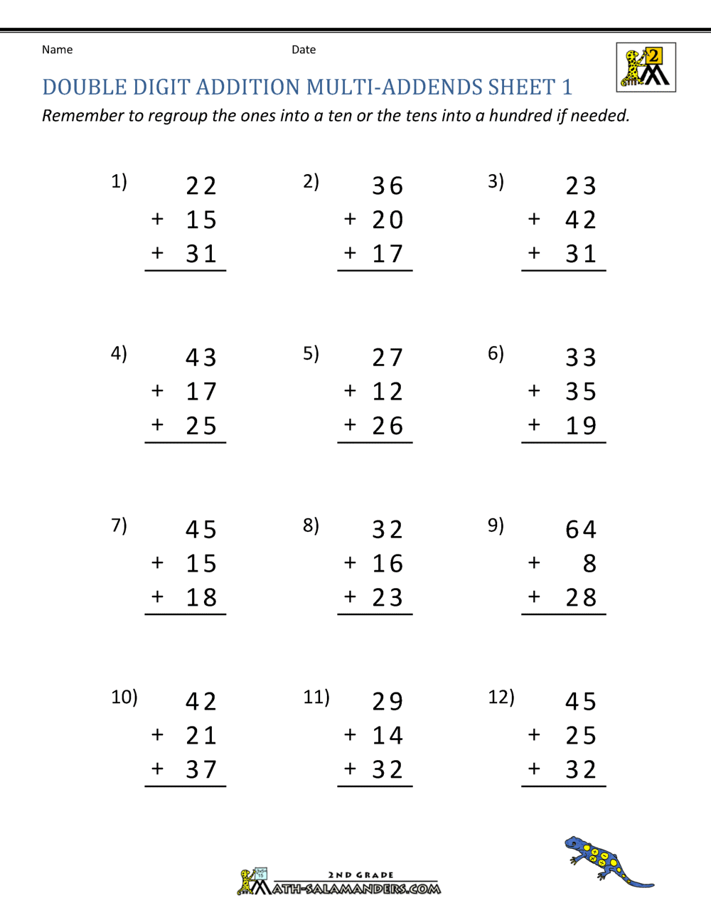 2nd grade math worksheet addition with carrying