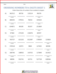 Comparing and Ordering Whole Numbers Worksheets