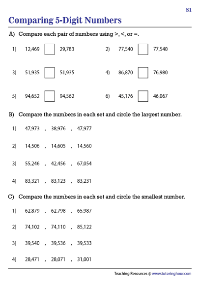Comparing 5-Digit Numbers Worksheets