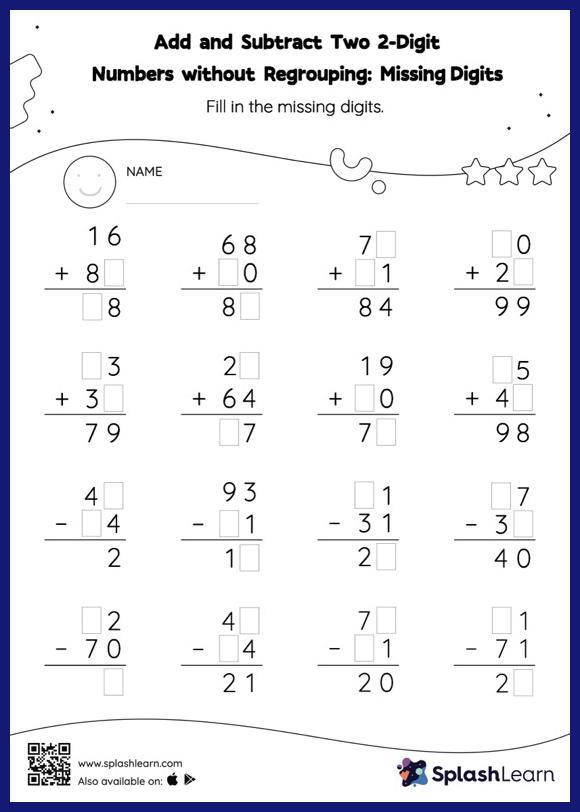 Add and Subtract Two 2-Digit Numbers without Regrouping: Missing ...