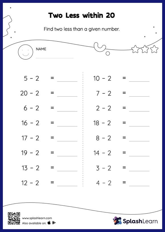 Two Less within 20: Horizontal Subtraction - Math Worksheets ...