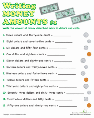 Writing Money Amounts #1 | Worksheet 