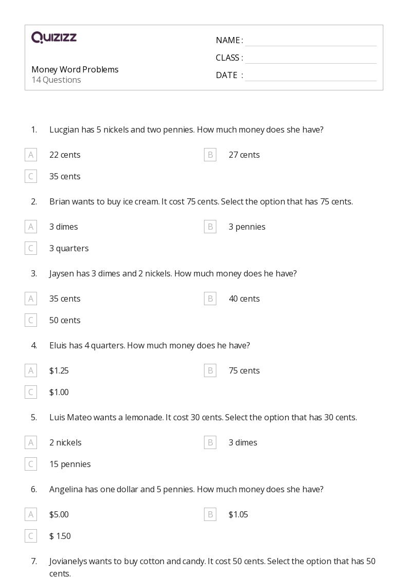 2nd grade money word problems worksheet