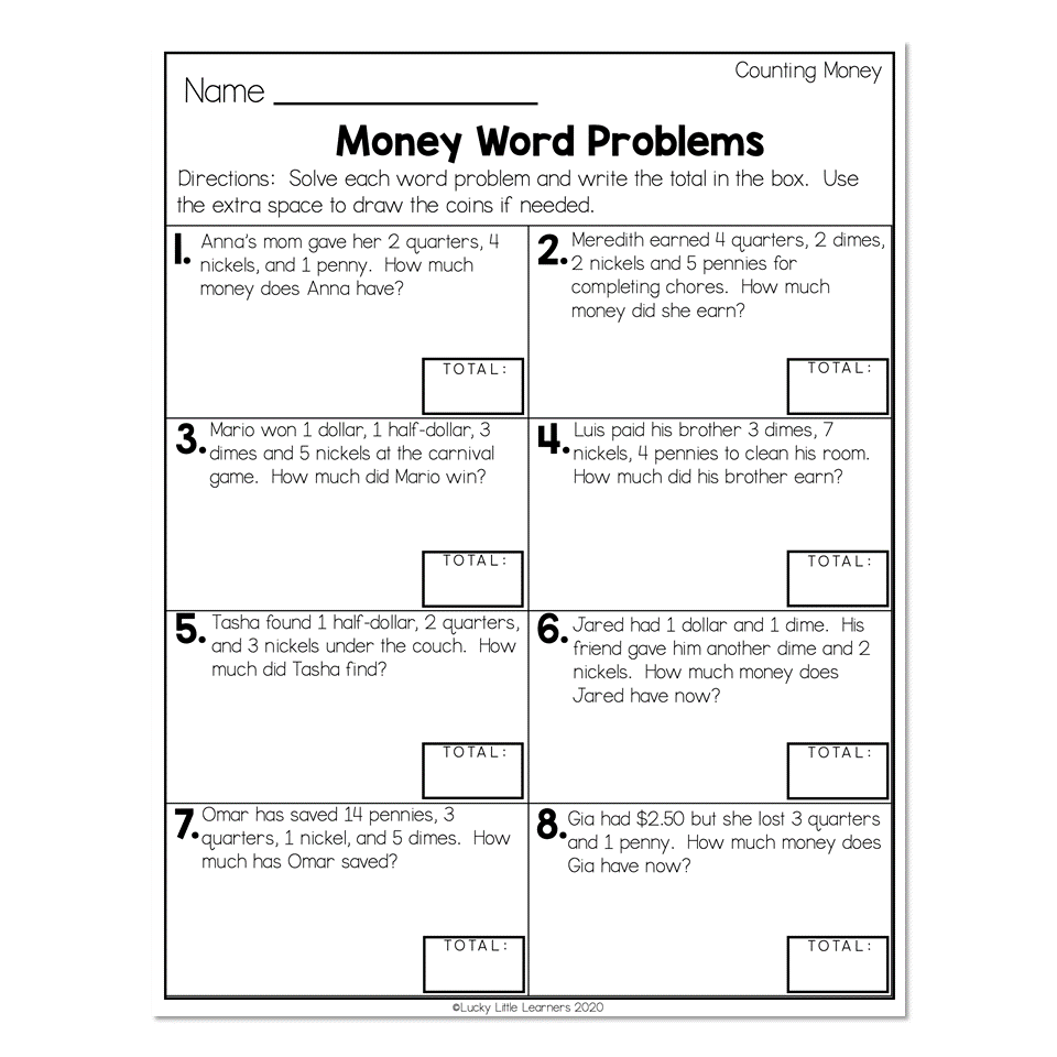 2nd grade money word problems worksheet
