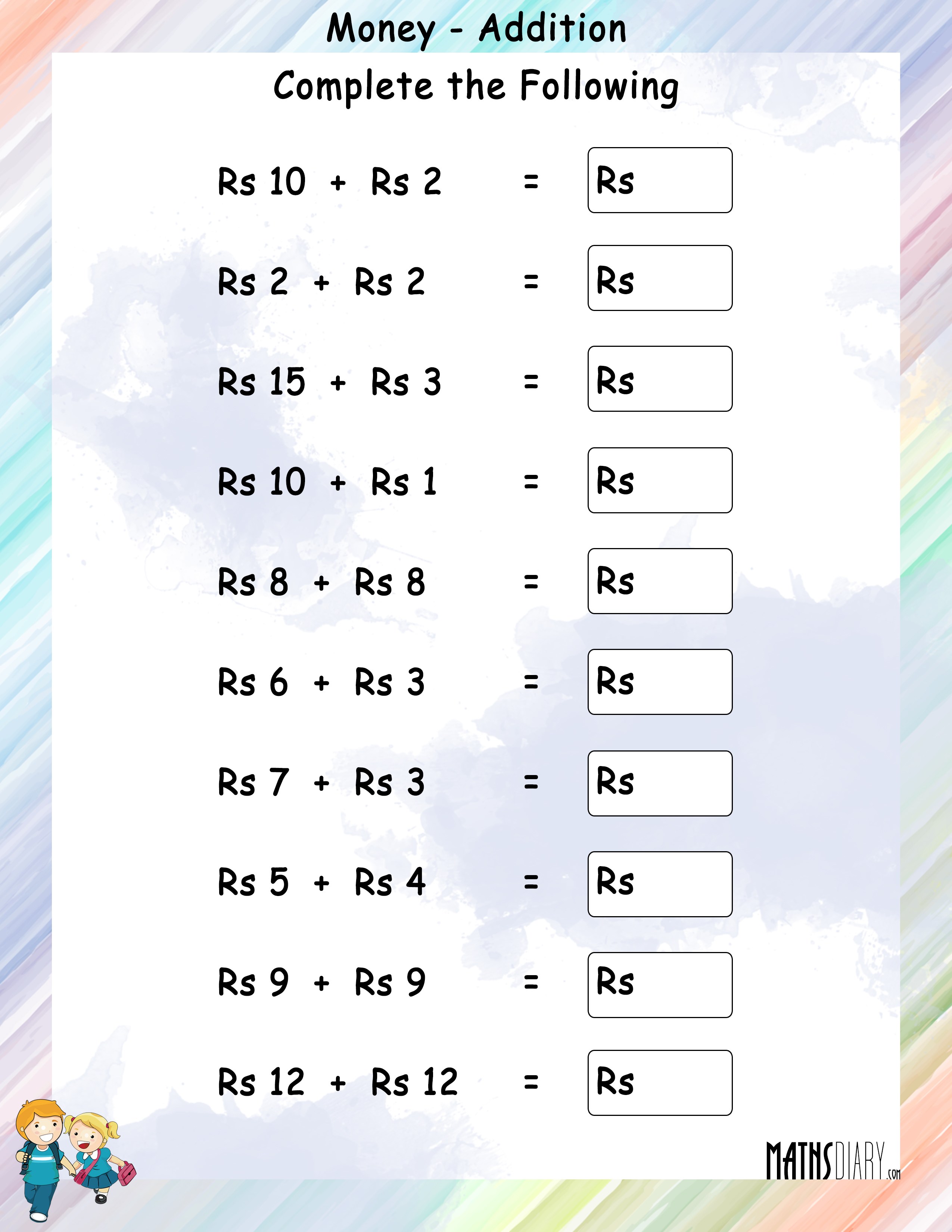 Addition of Money - Math Worksheets - MathsDiary.com