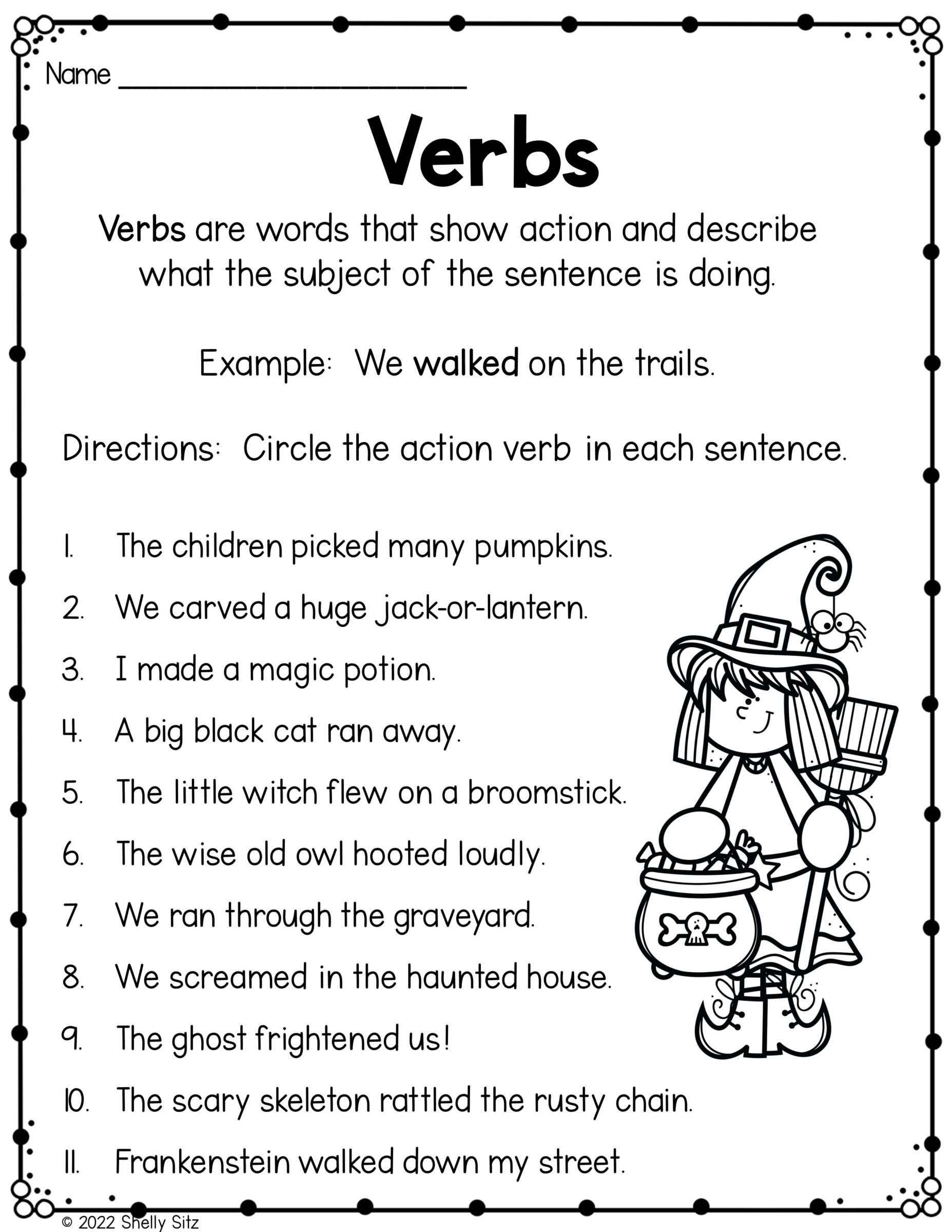 Verbs Worksheet Using Halloween Sentences - Smiling and Shining in ...