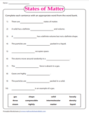 States of Matter Worksheets | Solid, Liquid and Gas