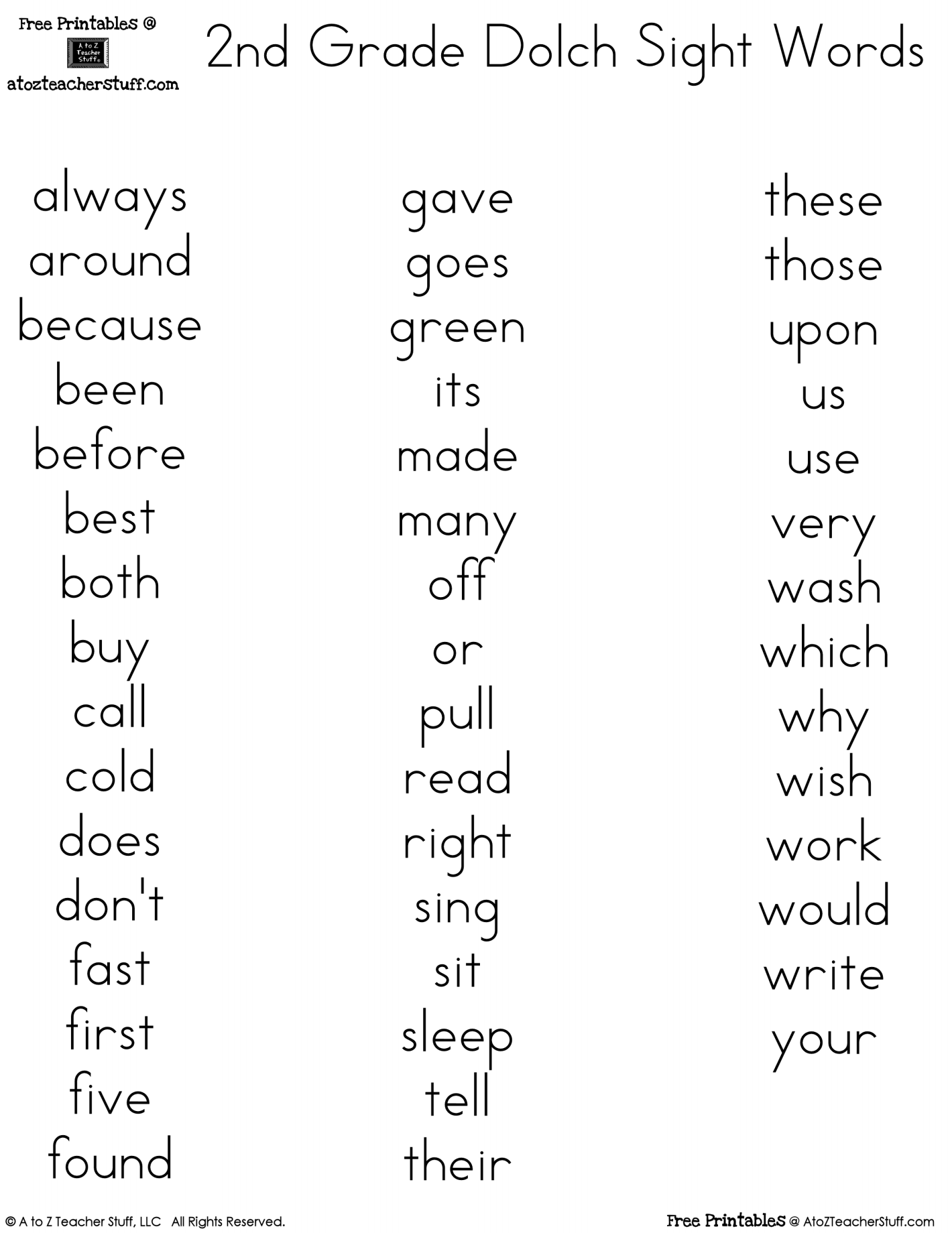 2nd grade sight word list