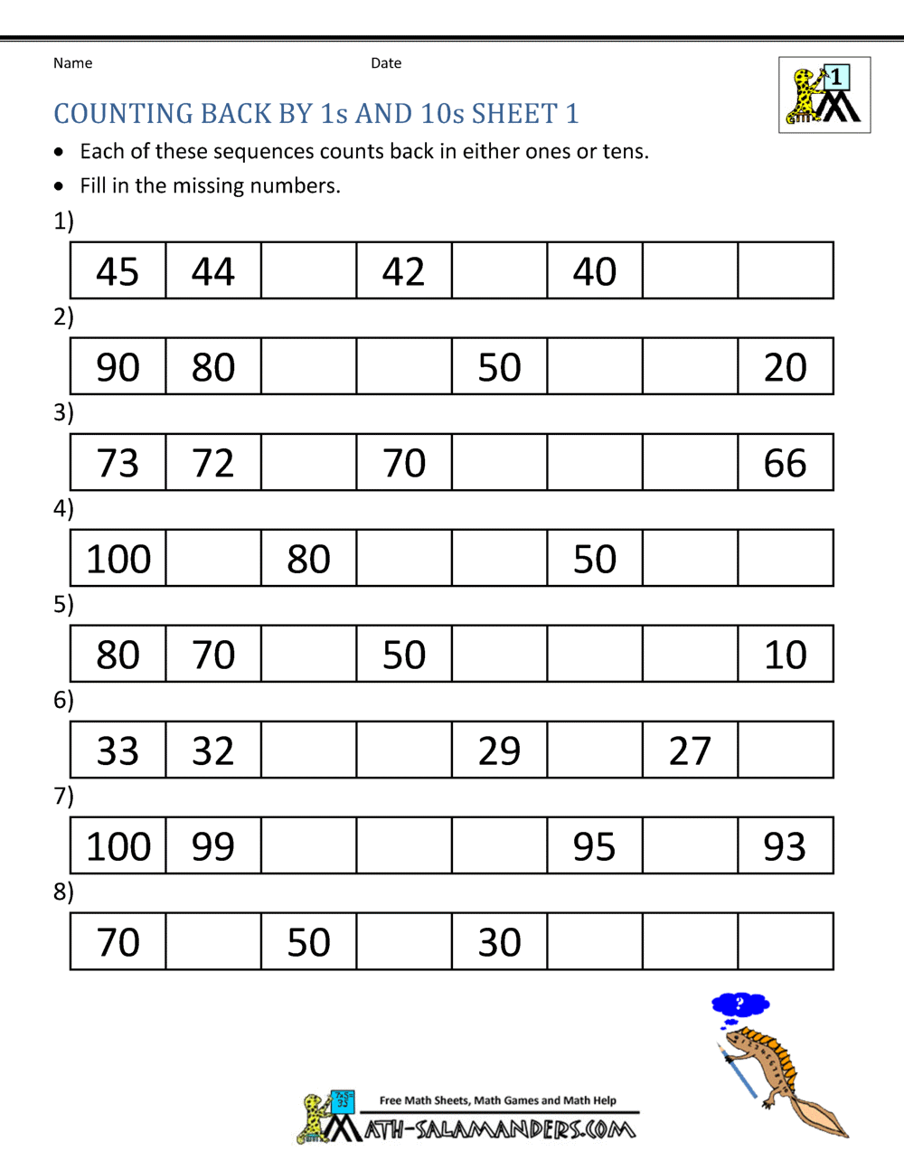 1st Grade Math Worksheets Counting by 1s and 10s