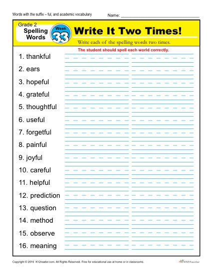 Second Grade Spelling Words List - Week 33 | K12reader