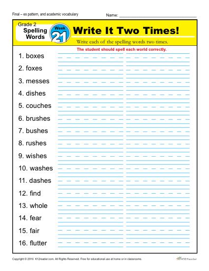 Second Grade Spelling Words List - Week 21 | K12reader