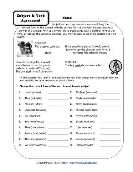 2nd grade subject verb agreement worksheet