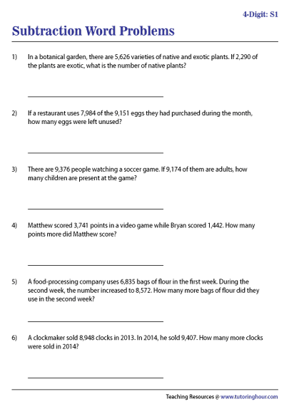 4-Digit Subtraction Word Problems Worksheets