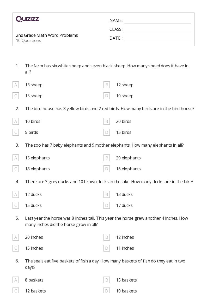 2nd grade word problems worksheet