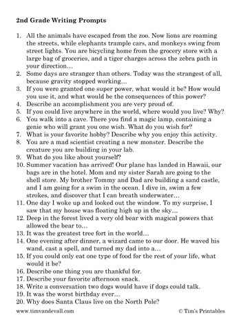 Second Grade Writing Prompts - Tims Printables