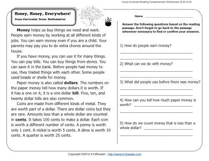 Money, Money, Everywhere! | 2nd Grade Reading Comprehension Worksheets