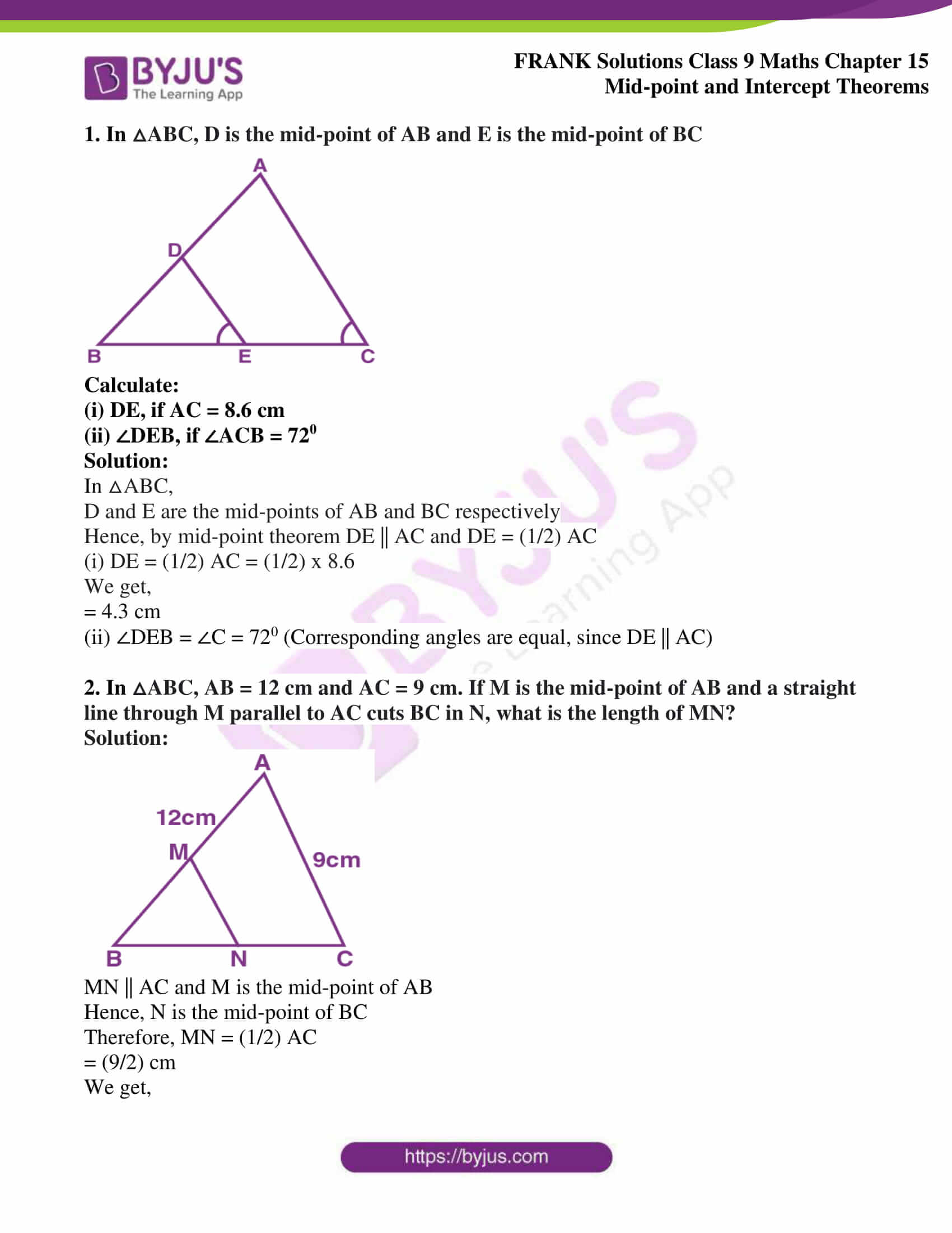 Frank Solutions for Class 9 Maths Chapter 15 Mid - point and ...