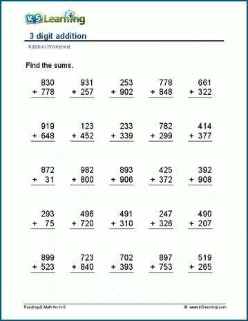 3-digit addition worksheets | Worsheets library