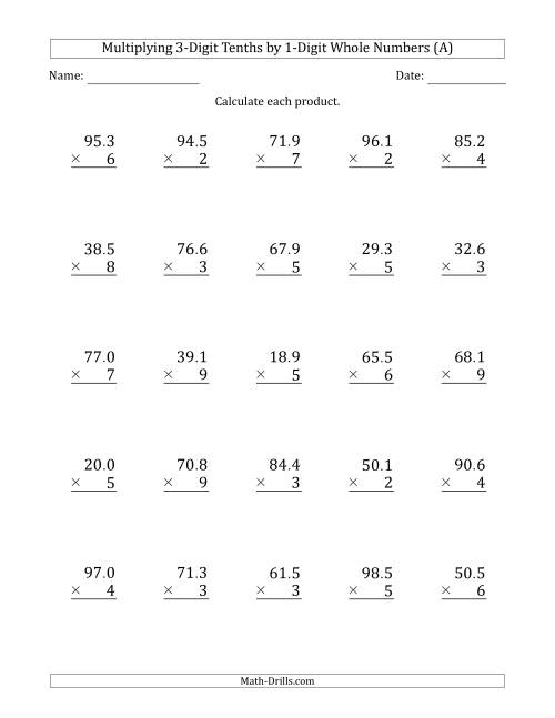 Multiplying 3-Digit Tenths by 1-Digit Whole Numbers (A)