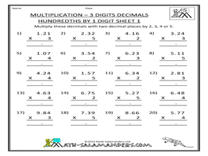 Multiplication - 3 Digits Decimals Hundredths by 1 Digit Worksheet ...