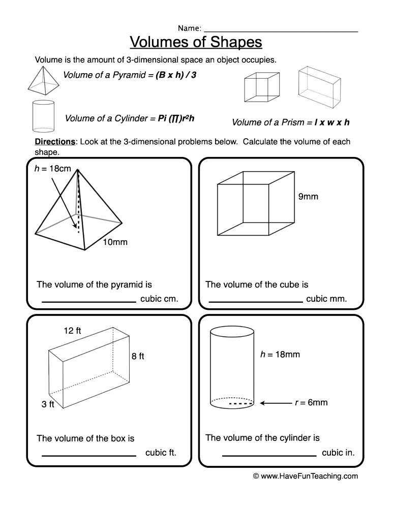 Volume of 3D Shapes Worksheet  