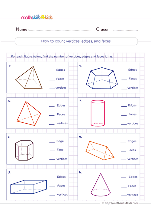 Free printable 3rd Grade worksheets for practicing 3D shapes