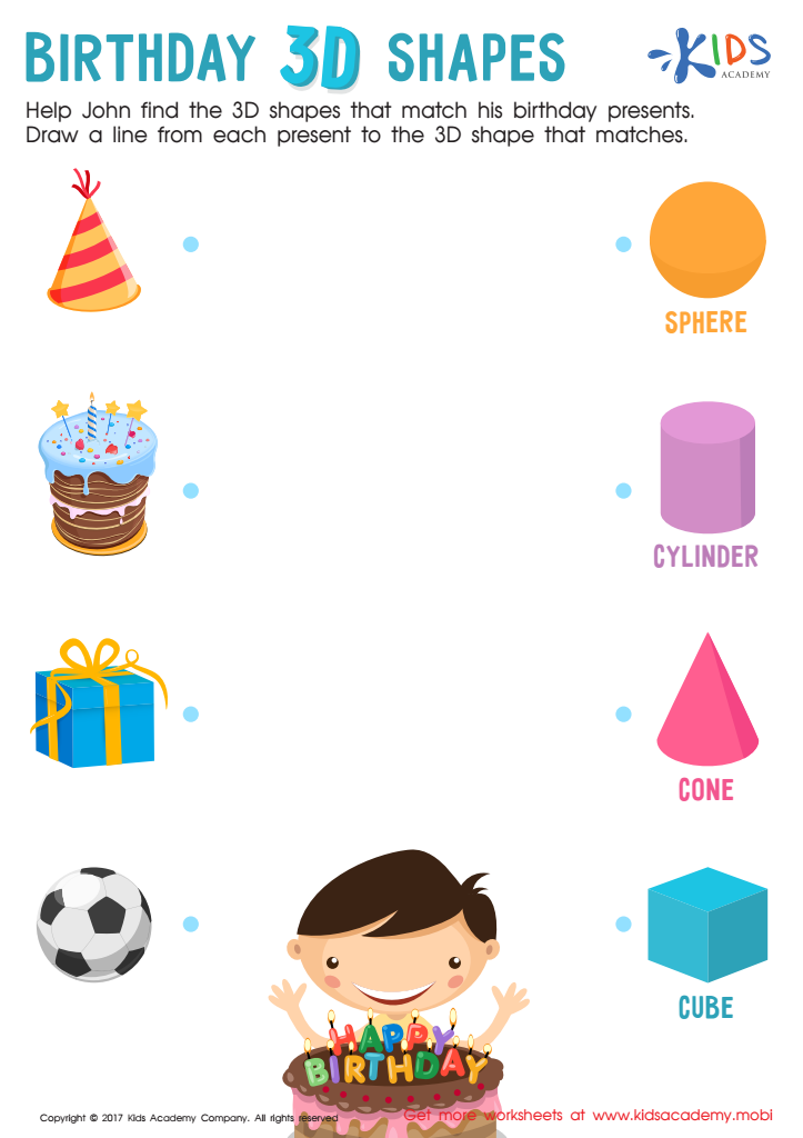 Birthday 3D Shapes Worksheet: Free Printable PDF for Children