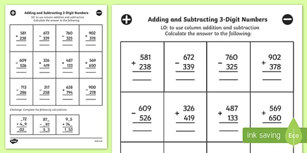 3 digit addition and subtraction with regrouping worksheet