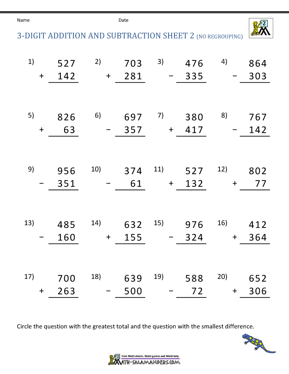 3 Digit Addition and Subtraction Worksheets