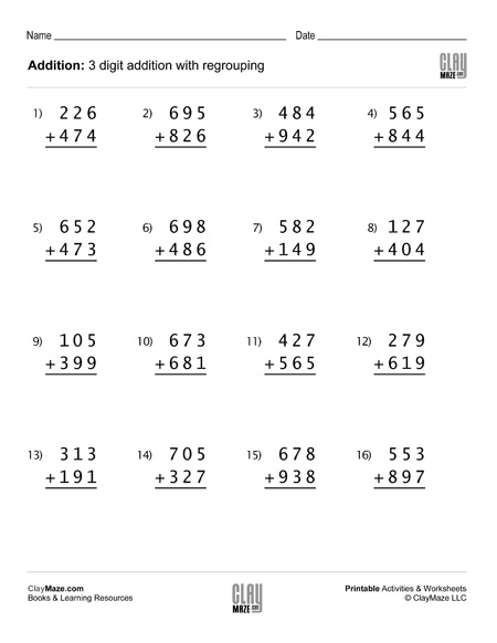 3 digit addition with regrouping worksheet free