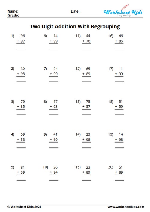 Free 2-Digit Addition With Regrouping Worksheets: Grade 2 &amp; 3