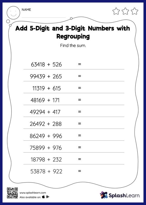 Add 5-Digit and 3-Digit Numbers without Regrouping: Horizontal ...